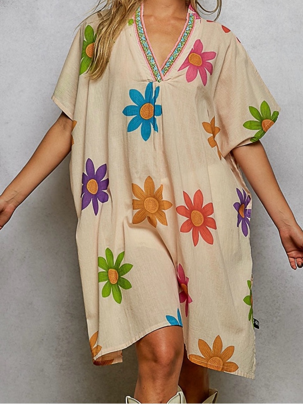 POL Bohemian Lightweight beads trim along neck line vibrant floral Tunic-Dress